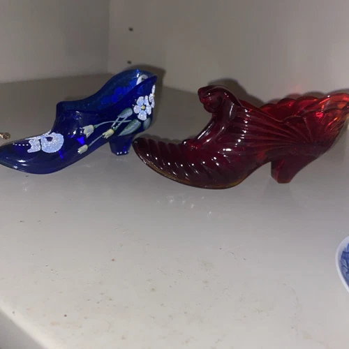 Vintage Fenton Shoes Cobalt Blue  Signed & Ruby Red Cat head