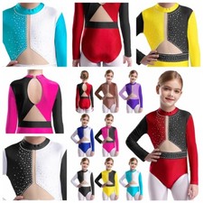 Kids Girls Jumpsuit Biketard Dancewear Rhinestones Bodysuit Shiny Sequins Team