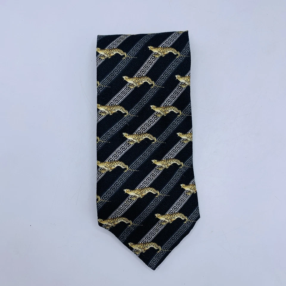 GIANNI VERSACE Silk Tie Cheetah with Slant Stripes Black Grey Gold 57L x 3.5W - Image 3 of 4