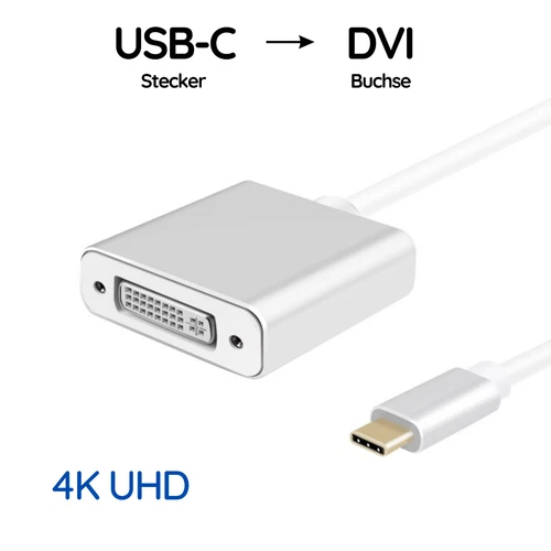 USB-C Male to DVI Female Adapter Cable Silver Ultra HD 4K Gold Plated