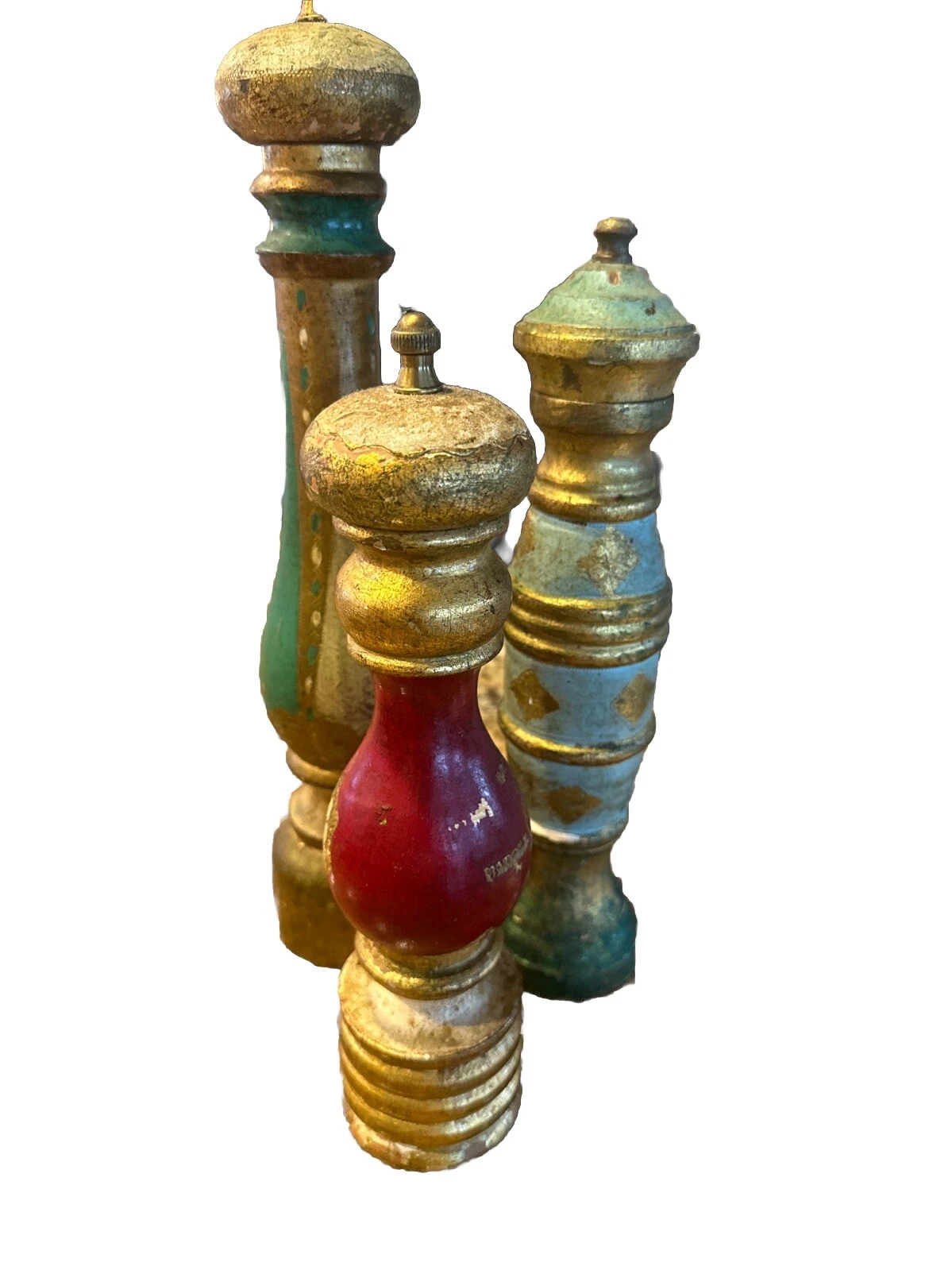 Vintage Lot 3 Painted Wood Pepper Mills Grinders Salt Shaker Florentine Italy