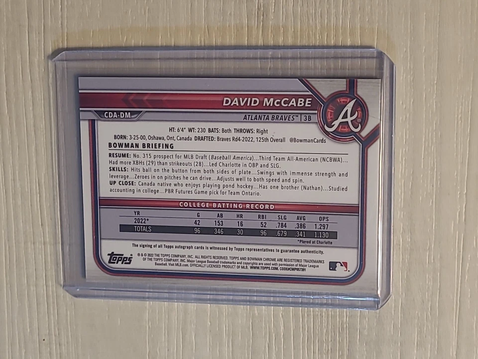 2022 Bowman Chrome Draft David McCabe 1st Prospect Auto🔥 #CDA-DM Braves💎 - Image 2 of 2