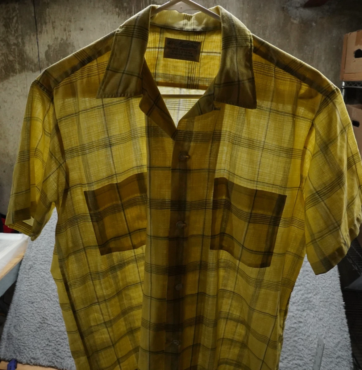 トップス 60s 70s check shirt yellow Yellow Button-Front 1960s Vintage Casual Shirts for Men for sale
