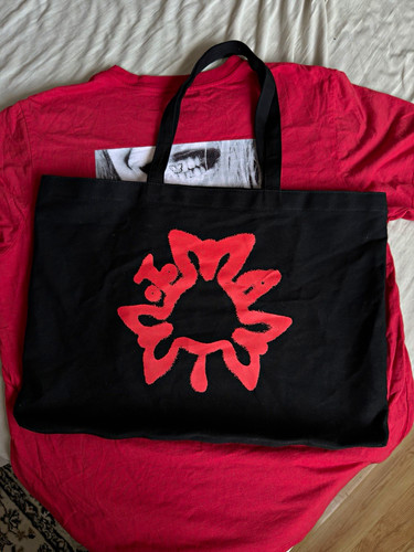 Black Canvas Large Tote Bag Red Abstract Graphic Print, Double Handles