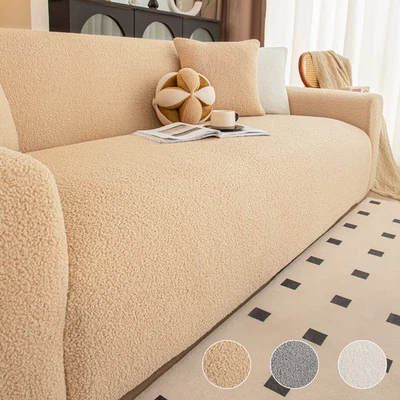 Stretch Sofa Cover Thick Teddy Fleece Washable 1-Piece Couch Slipcover Protector