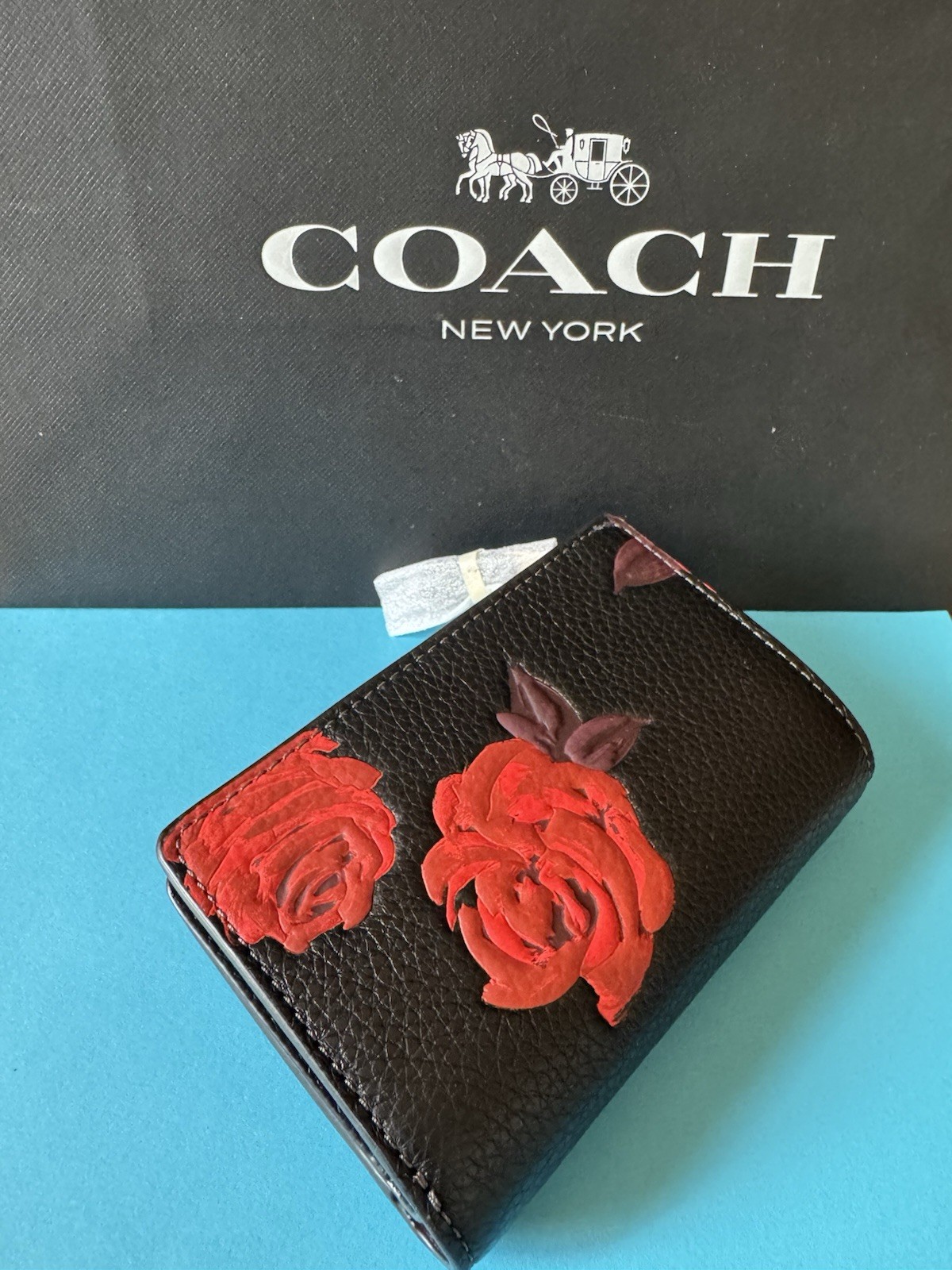 NWT Coach Medium Corner Zip Wallet With Floral Print Leather Black/ Red