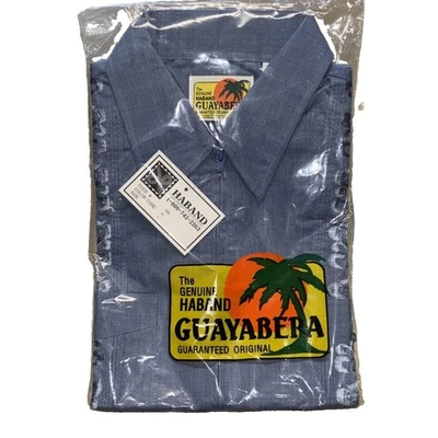 NEW Vtg Haband Guayabera Shirt L Blue Embroidered Cuban Cigar - Image 1 of 4