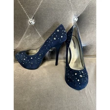 H by Halston Womens Royal Blue Silver Stud Suede Stiletto Heel Platform Pumps