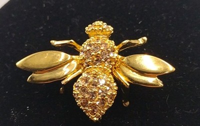Gold Tone Metal Bumble Bee Pin Brooch With Clear Rhinestones
