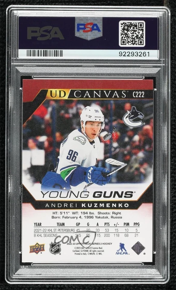 2022 Series 2 UD Canvas Young Guns Andrei Kuzmenko #C222 PSA 10 GEM MT Rookie RC - Image 2 of 2