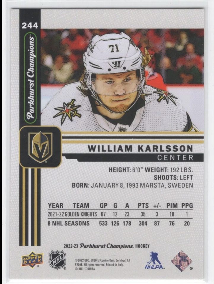 2022-23 Parkhurst Champions William Karlsson Vegas Golden Knights #244 - Image 2 of 2