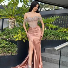 Evening Dresses For Women Mermaid Pleated Slit Crystals Evening Prom Gowns