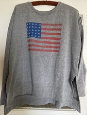 Lucky Brand American Flag Womens LARGE Gray Pullover Crewneck Sweatshirt L/S L