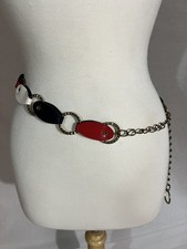 VTG 70s Belt Red White Blue Oval Links Gold Tone Rings Chain Hook Closure Disco
