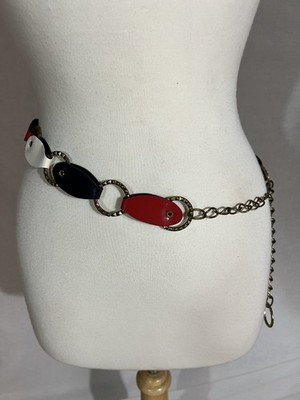 VTG 70s Belt Red White Blue Oval Links Gold Tone Rings Chain Hook Closure Disco
