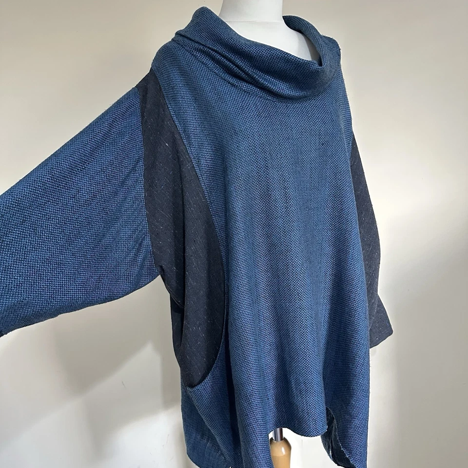 Terry Macey Top One Size Blue Grey Textured Cowl Neck Long Sleeve Tunic Wool Mix - Image 3 of 4