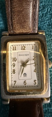 Etienne Aigner Rectangular Gold Quartz Analog White Dial Brown Leather Watch