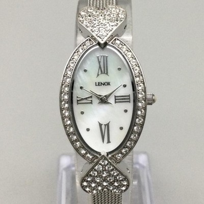Lenox Womens Watch 20mm MOP Dial Crystal Hearts Silver Tone New Battery