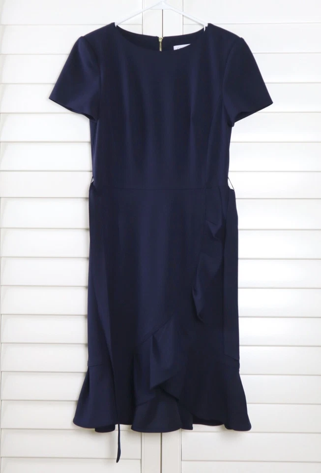 CALVIN KLEIN $129 Structured Solid Navy Crepe Belted Ruffle Dress Size 6 - Image 4 of 4