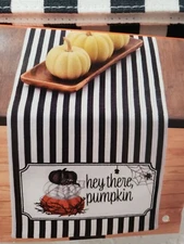 Halloween Black White HEY THERE PUMPKIN Spider Table Runner 13 x 72"