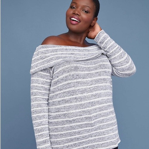 Neu mit Etikett Lane Bryant grau weiß gestreift schulterfrei LS Pullover Sweater - 26/28 - Bild 2 von 8