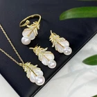 Gorgeous AAAA+ 7-8mm South Sea White Stud Pearl Pendant Earring Ring Set 925s..