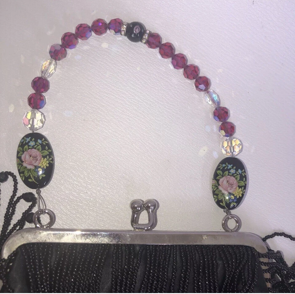 Черный атласный маленькая девочка сумочка бисером застежка на запястье сумка с серебряной цепочкой винтажный - Изображение 4 из 4