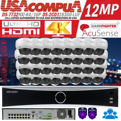 Hikvision 32CH  NVR 4K 8MP 16POE Dome Security IP Camera System Vandal Audio Lot
