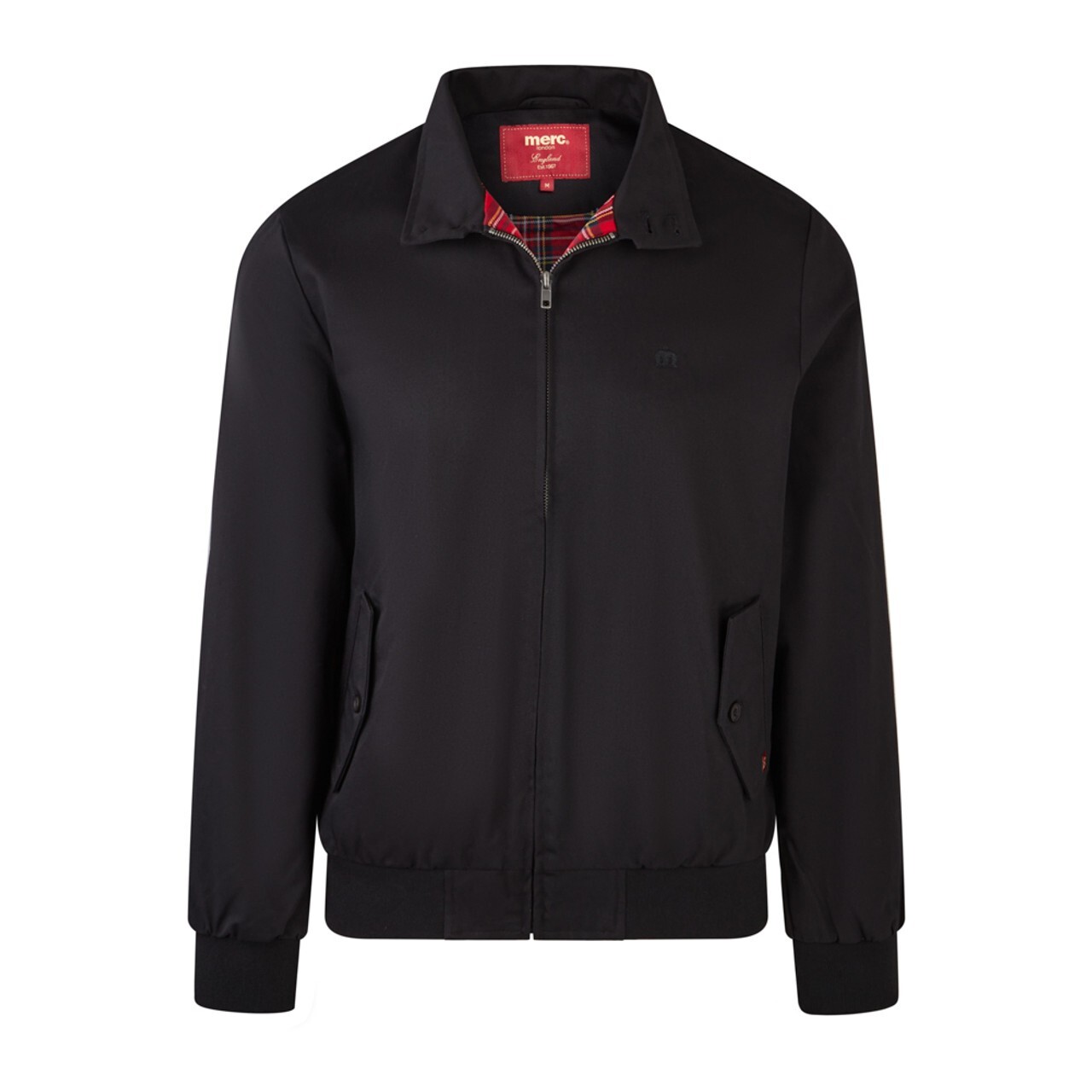 CHAQUETA BOMBER PARA HOMBRES MERC LONDON ORIGINAL CLÁSICA HARRINGTON FORRADA CON TARTÁN - NEGRA
