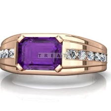 Amethyst Emerald Cut Gemstone With 925 Sterling Gold Plated Ring For Men's #B829