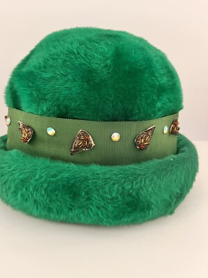 Marcelle Faux Fur Bowler Hat Rolled Brim Emerald Green 1960s West Germany