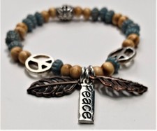 Fashionable Chic Teal and Wood Beaded Bracelet-Peace