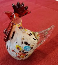 Murano Style Rooster Hand Blown Glass Figurine White w/Multicolor Specks, 7.5"  