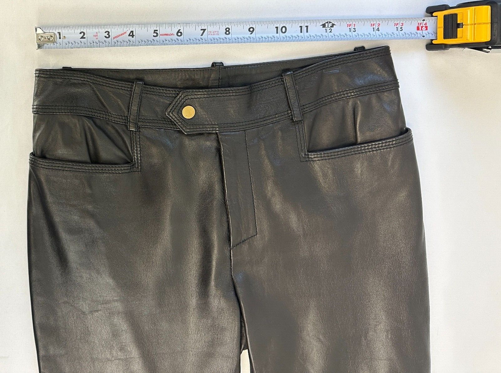 VINTAGE GUCCI Leather Flat Front Straight Leg Pants 42 Black Gold Button Pockets image 3