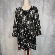 ALI MILES Open Knit Duster Layering Jacket Abstract Black White Art-To-Wear LG