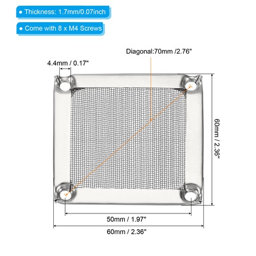 60mm Lüfter Filter Gitter mit Schrauben 2Pack Rahmen Netz Abdeckung Silber - Bild 2 von 6