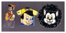 Disney Pinocchio pins: walking; T-shirt; cat