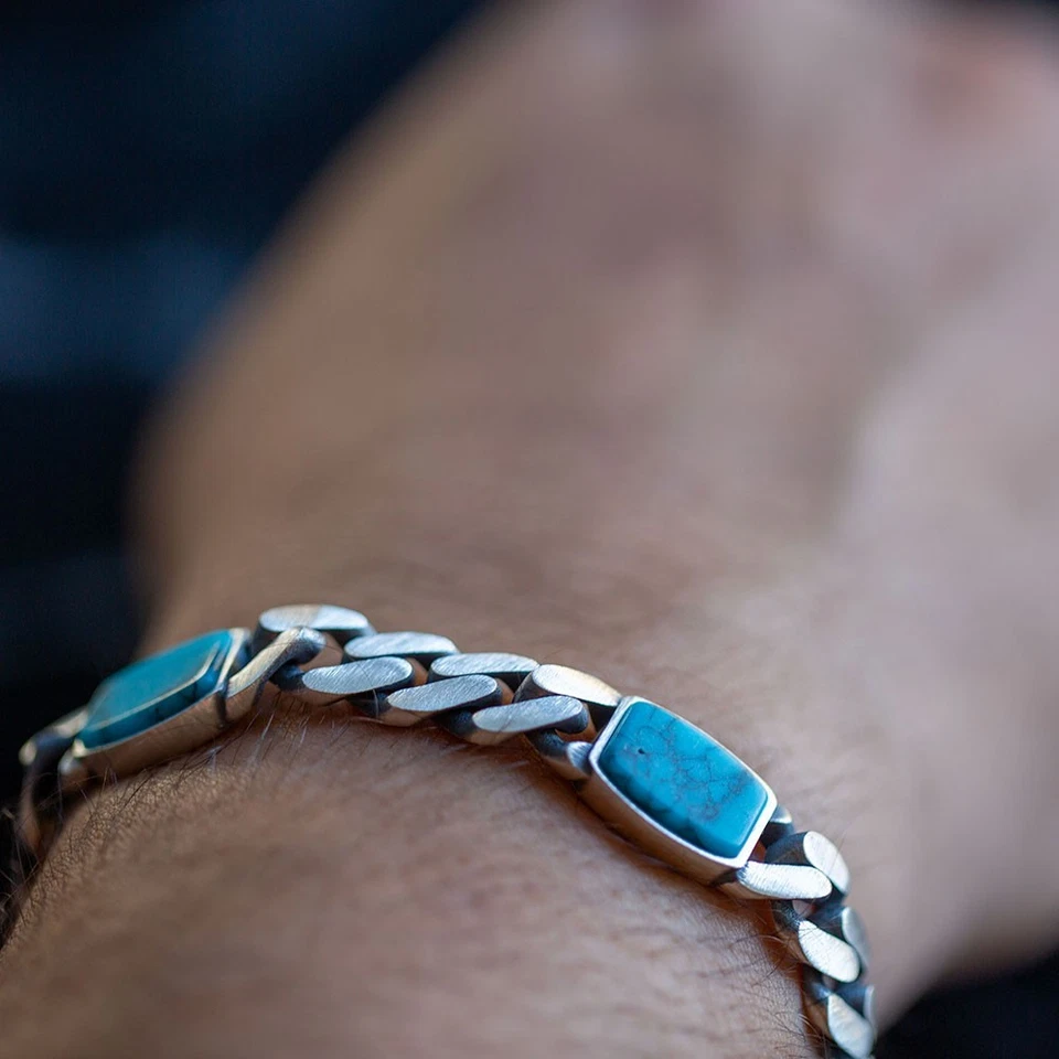 Men's Turquoise Gemstone 925 Sterling Silver 10mm Curb Chain Link Bracelet - Image 4 of 4