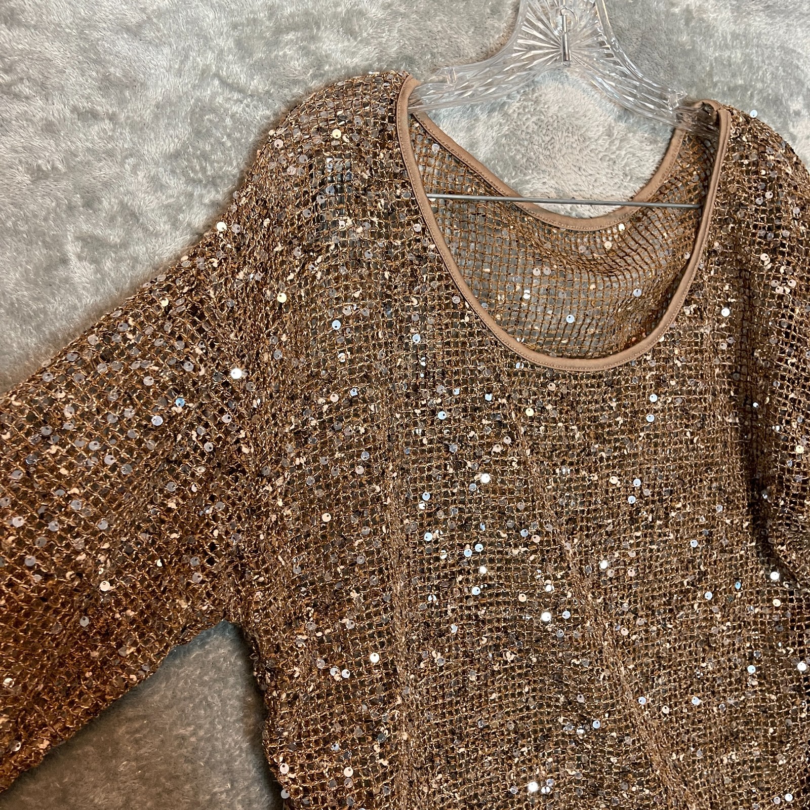 Womens Brown Sequin Long Sleeve Sheer Knit Top L* Mermaid Boho Glam Chic Sparkle