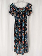 Young USA Women Black Floral Tropical Print Ruffle Neckline High Low Dress Sz L