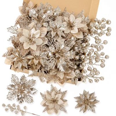 24 Pcs Christmas Poinsettia Artificial Flowers & Glitter Berries Stems Kit Ch...