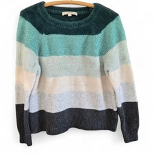 Soft Color Block Striped Knit Sweater Loft Petites Teal Green Blue Gray Cream