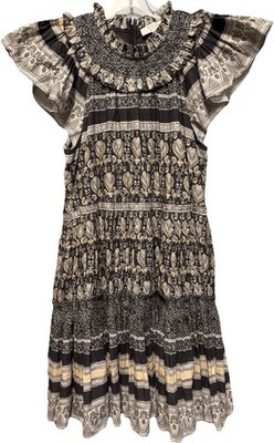 Sea New York Tasha Print Tiered Flutter Sleeve Pleated Dress Sz L Boho