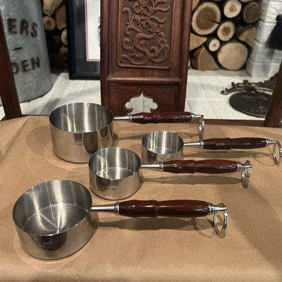4~ Stainless Steel Measuring Cups ~ With Wooden Handles & Key Rings