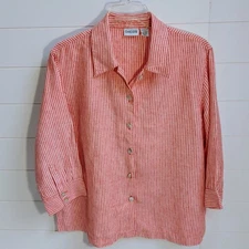 Chicos Women's Size 2 100% Linen Striped Shirt 3/4 Sleeves Orange White Buttons