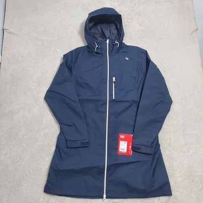 Helly Hansen Women Long Belfast Jacket Size L Navy Hooded Waterproof Rain Coat