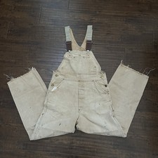 Vtg Carhartt Bib Overalls Mens 32x27 Beige Canvas Double Knee Made USA Thrashed