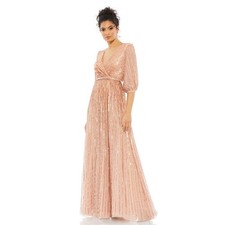NEW Mac Duggal Sequined Wrap Over 3/4 Sleeve Gown in Apricot Size 18