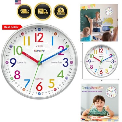 Wall Clock for Kids Learning Tell Time Easily Non-Ticking Battery Operated Ki...