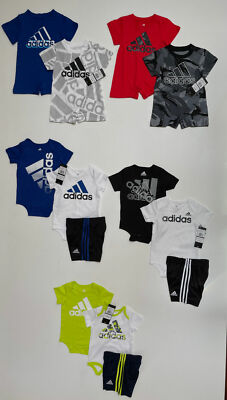 NWT Adidas Baby Boy Assorted Short Rompers, 2PC or 3PC Set; Sz 3M